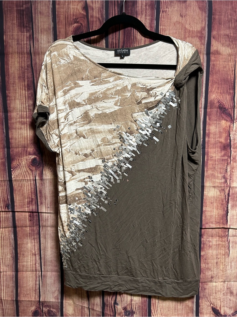 Escada Two-Tone Brown & Cream Sequined Short-Sleeve Top